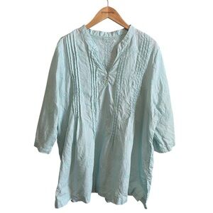 Symple NYC Sea Foam Blue Green Coastal Breezy Embroidered Linen Top Size 2X